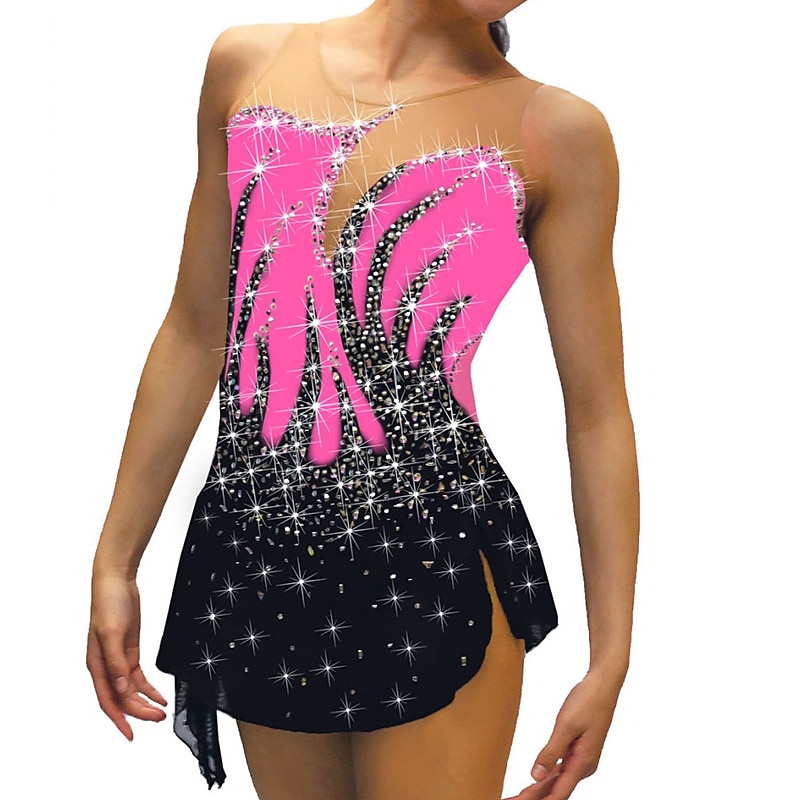 Figure Skating Dress Women's Girls' Ice Skating Dress Outfits Black White Yellow Mesh Spandex High Elasticity Training Practice Competition Skating Wear Crystal / Rhinestone Sleeveless Ice Skating4