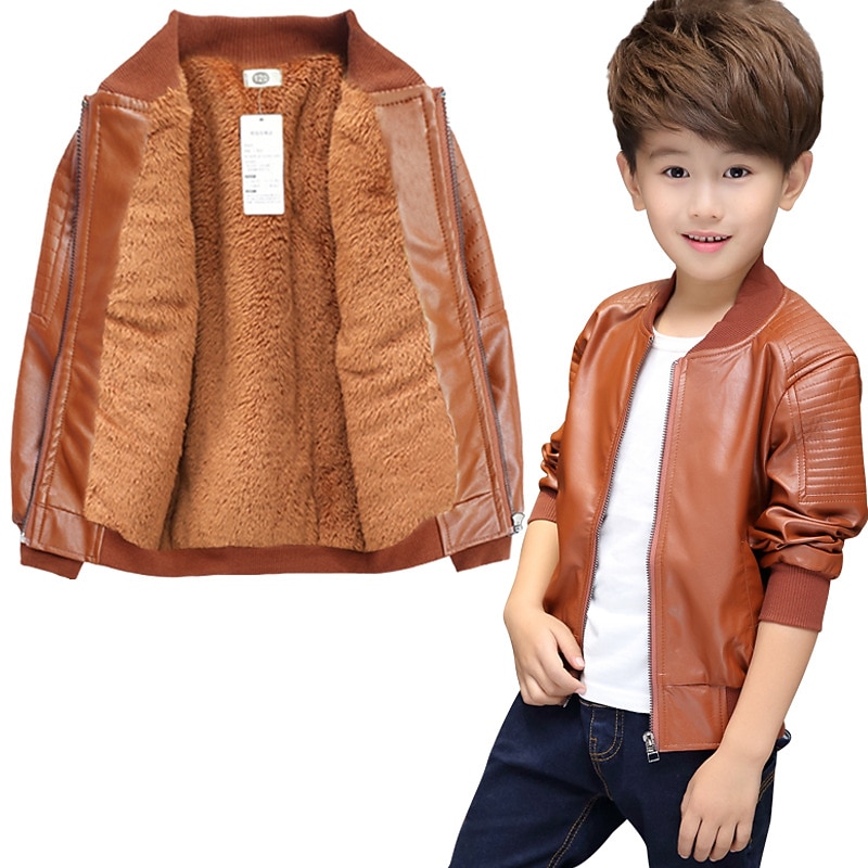 Ulknn Baby Boys Pu Jackets Threaded Round Neck Jacket Autumn And Winter Plus Velvet Thickening All Season3