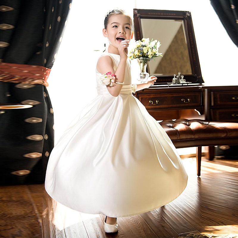 A-Line Ankle Length Flower Girl Dress First Communion Girls Cute Prom Dress Satin with Bow(s) Elegant Fit 3-16 Years dress to impress2