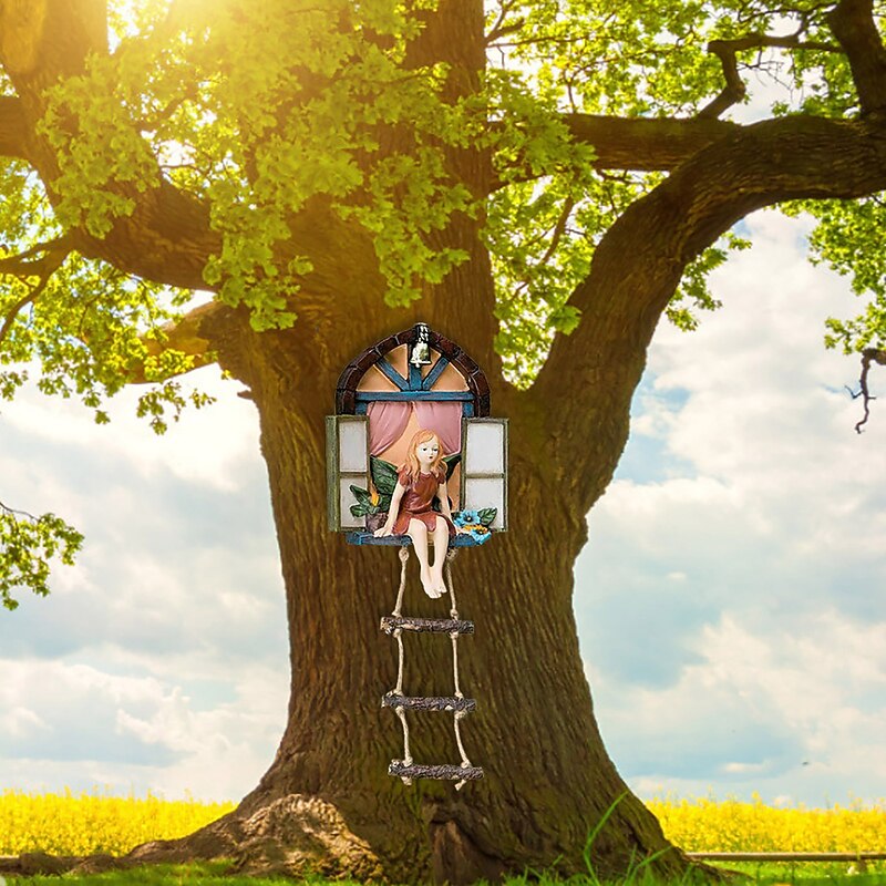 Fairy House Tree Hanging Figurine Window Sitting Fairy Ladder Resin Craft Statue Outdoor Ornament For Home Garden Yard Art Decor3