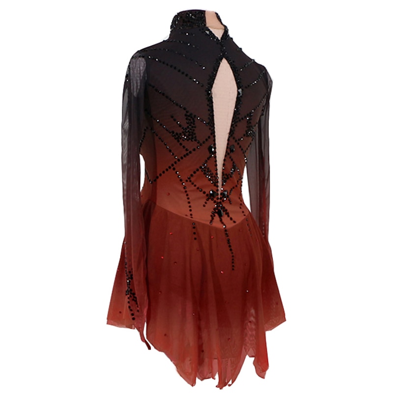 Figure Skating Dress Women's Girls' Ice Skating Dress Outfits Black / Red Black / Green Black / Blue Patchwork Asymmetric Hem Mesh Spandex High Elasticity Competition Skating Wear Handmade Color4