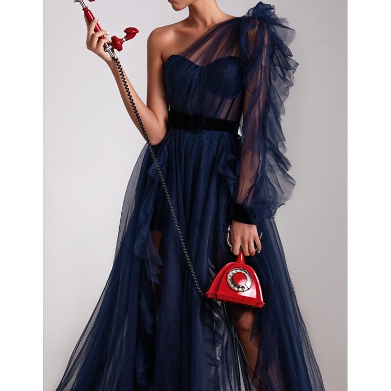 A-Line Evening Gown Corsets Dress Wedding Guest Engagement Court Train Long Sleeve One Shoulder Tulle with Ruffles Slit Masquerade Dress3