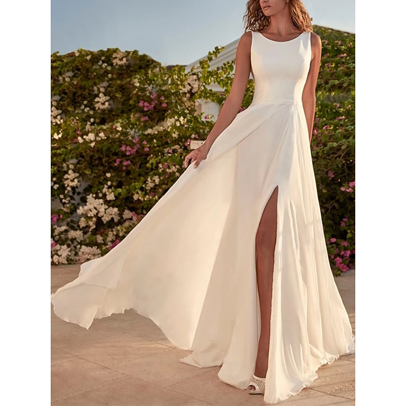 Beach Wedding Hall Casual Wedding Dresses A-Line Scoop Neck Sleeveless Floor Length Chiffon Bridal Gowns With Split Front