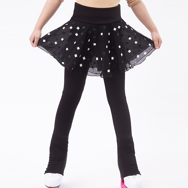 Figure Skating Pants Women's Girls' Ice Skating Skirt Leggings Outfits Black+White Patchwork Fleece Mesh High Elasticity Training Practice Competition Skating Wear Thermal Warm Handmade Ice Skating