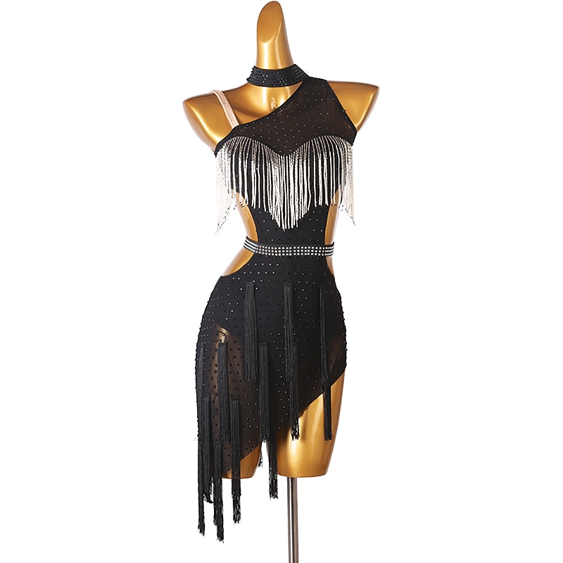 Latin Dance Dress Tassel Crystals / Rhinestones Women's Performance Sleeveless Spandex