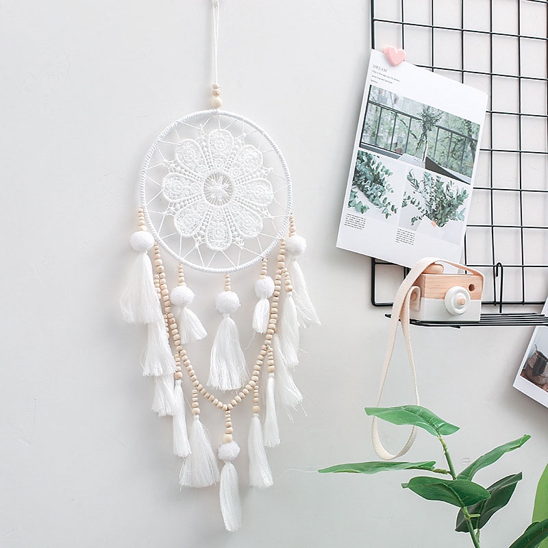 White Dream Catcher Handmade Gift with One-ring Feather Wall Hanging Decor Art Wind Chimes Boho Style Home Decor3