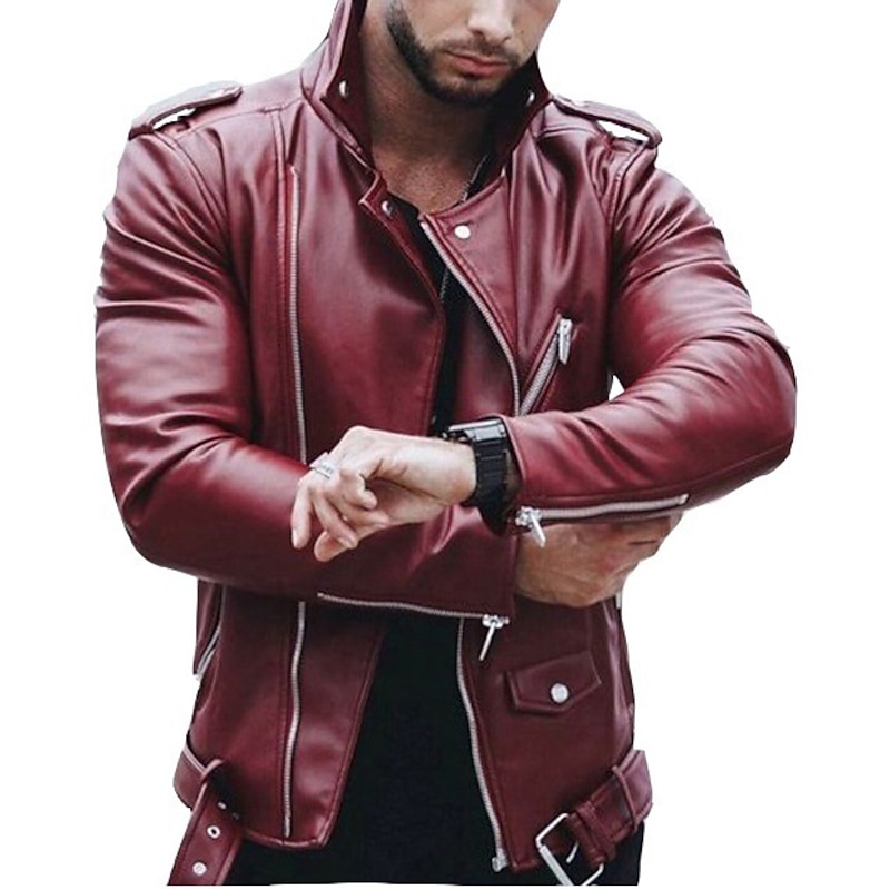 Men's Faux Leather Jacket Transition Jacket Jacket Biker Jacket Outdoor Street Thermal Warm Windproof Pocket Spring Fall Solid Color Streetwear Sporty Turndown Regular Faux Leather Regular Fit Black2