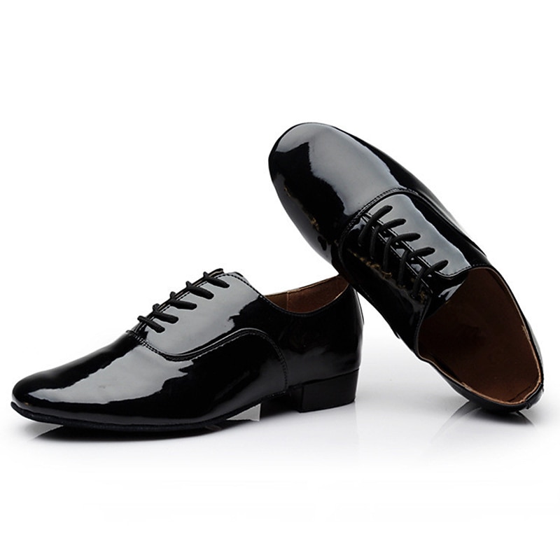Men's Black Patent Leather Ballroom Dance Shoes - Oxford Style, Lace-Up, Comfortable Sole for Latin and Tango