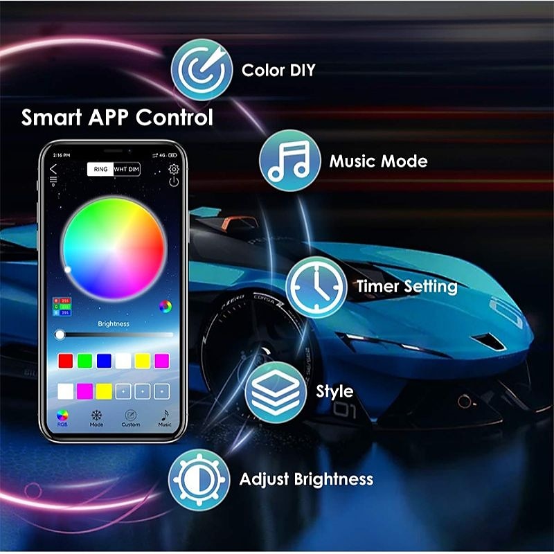 WAZA Car Underglow Lights Exterior Kit 4PCS Underbody LED Strip Lights 8 Color Sound Active Function and Wireless Remote Control with 6FT Extension Wire Cable Tie IP684