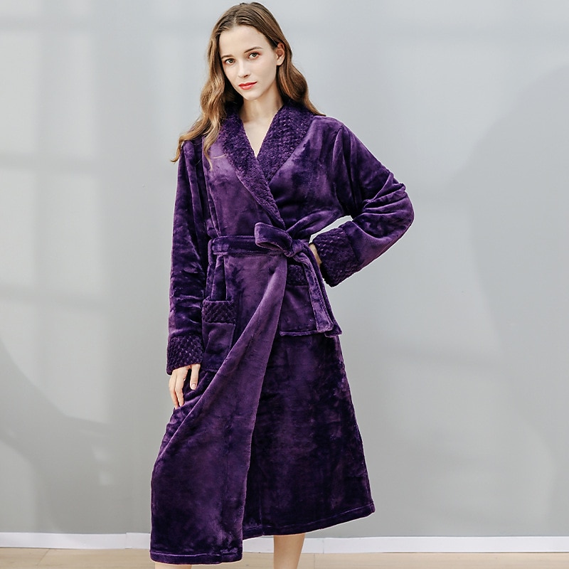 Women's Bathrobe Robes Gown Nighty 1 PCS Pure Color Warm Comfort Plush Robe Home Street Fleece Terry Warm Lapel Long Sleeve Basic Belt Included Fall Winter Home Outfits4