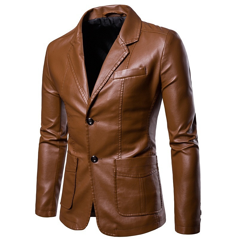 Men's Faux Leather Jacket Blazer Business Causal Thermal Warm Rain Waterproof Black Red Wine Navy Blue khaki Jacket4