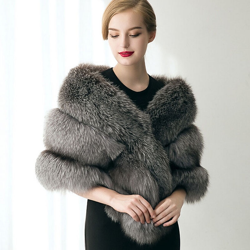 Gray Faux Fur Wedding Shawl Cape Party Evening Casual Keep Warm Winter Bridal Wrap For Wedding Formal dress to impress2