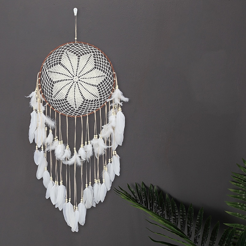 Dream Catcher Star Coffee Three Rings Handmade Gift with White Feather Wall Hanging Decor Art Wind Chimes Rural Style Home Pendant 35cm3