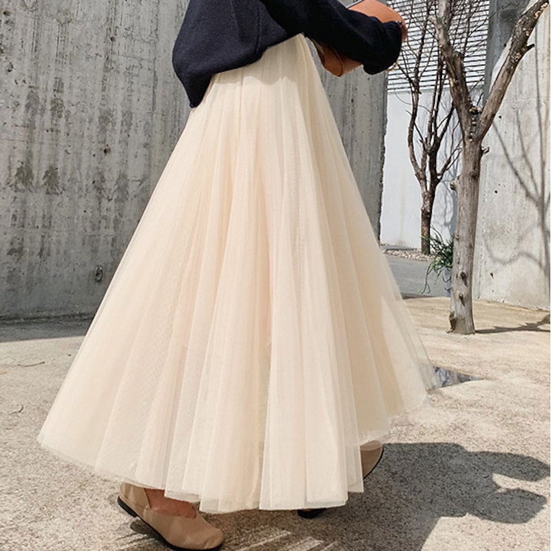Women's Skirt & Dress Swing Tutu Long Skirt Maxi Skirts Pleated Layered Tulle Solid Colored Street Prom Summer Elegant Vintage Black Pink Khaki Beige3