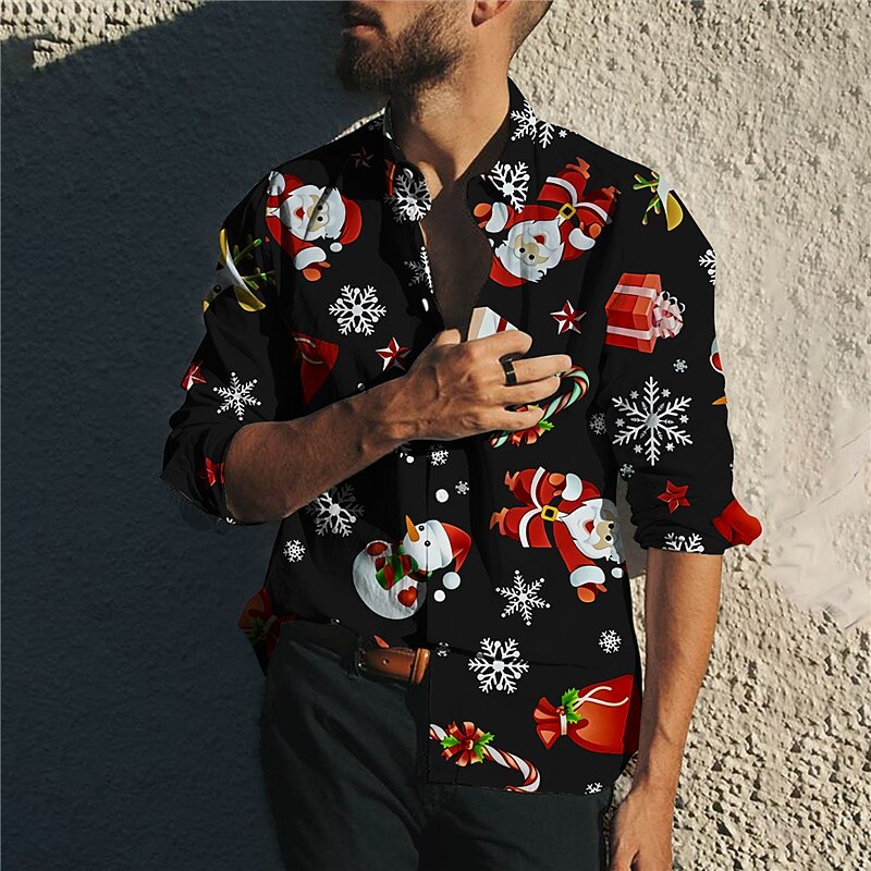 Christmas Men's Santa Claus Printed Shirts Shirts Santa Claus Snowman Snowflake Collar Green Black Wine Red 3D Print Outdoor Long Sleeve 3D Print Button-Down Clothing Apparel Fashion Classic
