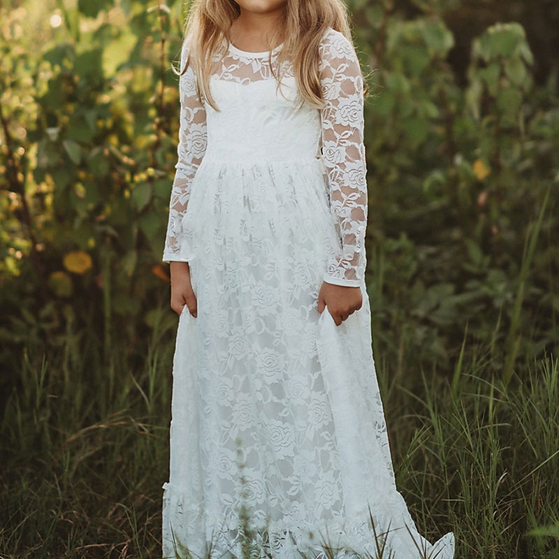 Kids Girls' Flower Girl Dress Dress Solid Colored Long Sleeve Wedding Party Daily Lace Mesh Embroidered Cute Princess Cotton Maxi A Line Dress Tulle Dress Fall Winter 3-12 Years White Beige4
