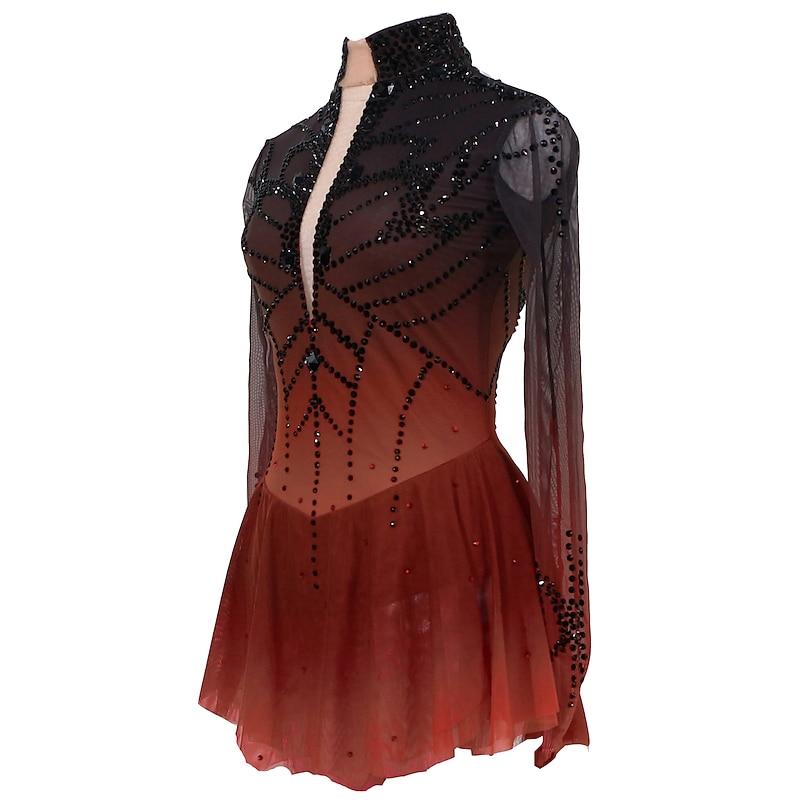 Figure Skating Dress Women's Girls' Ice Skating Dress Outfits Black / Red Black / Green Black / Blue Patchwork Asymmetric Hem Mesh Spandex High Elasticity Competition Skating Wear Handmade Color2