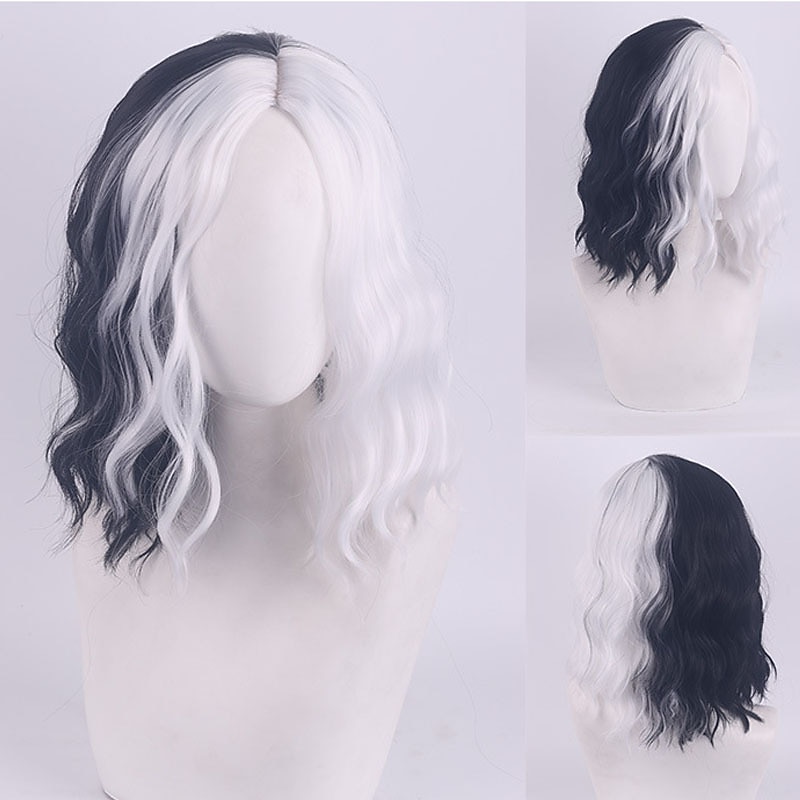 101 Dalmatians Cruella De Vil Cosplay Wigs Women's Middle Part 12 inch Heat Resistant Fiber Curly Black White Adults Teen Anime Wig Halloween Wigs2