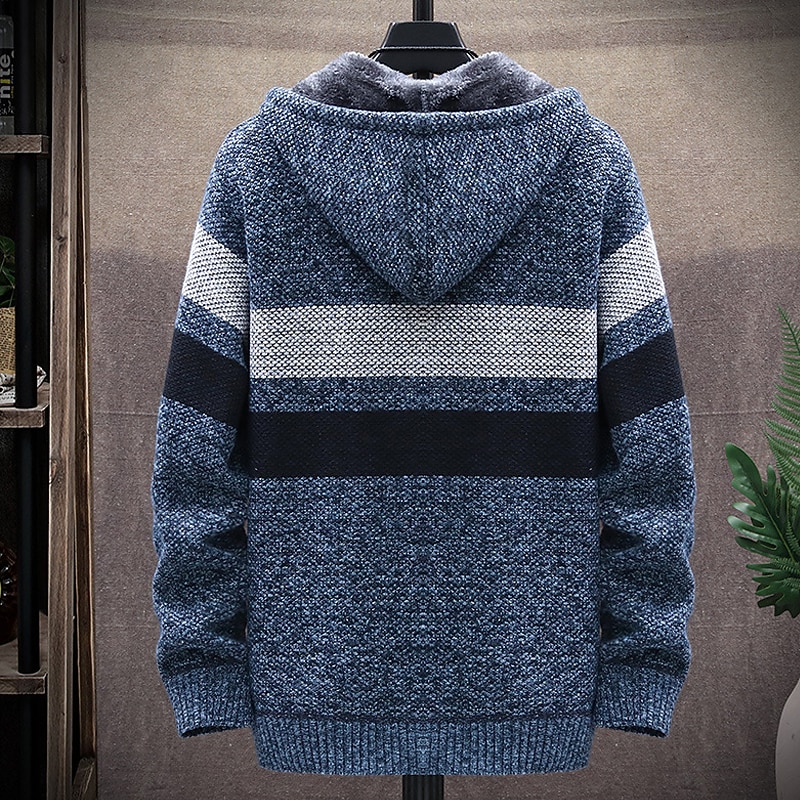 Men's Sweater Cardigan Sweater Hoodie Zip Sweater Sweater Jacket Knit Knitted Color Block Hooded Stylish Outdoor Home Clothing Apparel Fall Winter Wine Navy Blue S M L4