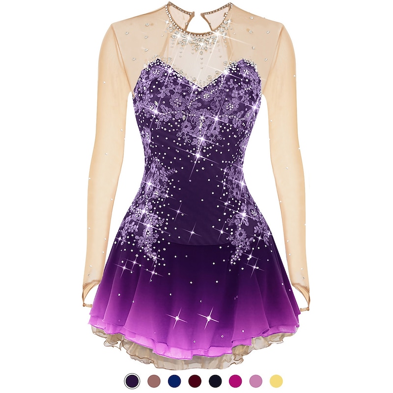 Figure Skating Dress Women's Girls' Ice Skating Dress Outfits Violet White Dusty Rose Flower Open Back Mesh Spandex Competition Skating Wear Handmade Jeweled Rhinestone Long Sleeve Ice Skating Figure