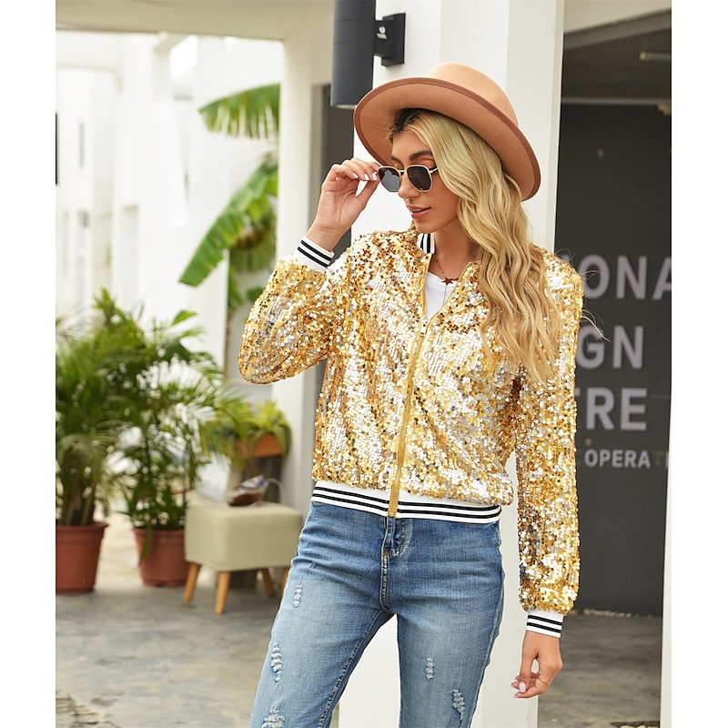 Women's Bomber Jacket Jacket Varsity Jacket Wedding Party Sport Spring Fall Regular Coat Regular Fit Windproof Warm Elegant Active Casual Jacket Long Sleeve Solid Color Sequin Sequins Blue Purple Gold3