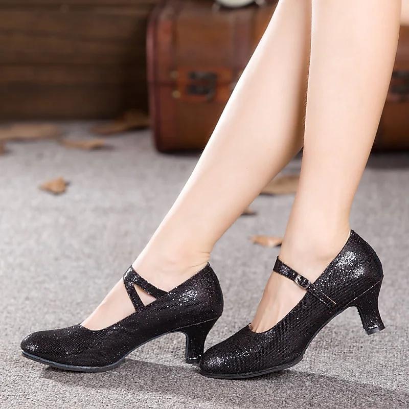 Black Glitter Dance Shoes for Women – Soft Sole with Adjustable Strap for Latin, Ballroom, and Social Dancing3