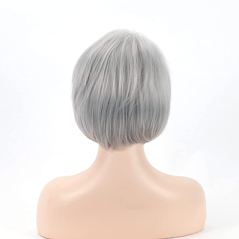 Short Grey Pixie Bob Wigs for White Women Sliver Gray Synthetic Straight Hair Repalcement Wig3
