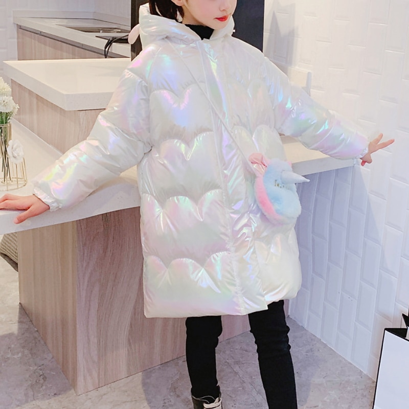 Kids Girls' Coat Outerwear Unicorn Plain Long Sleeve Pocket Coat Daily Active Adorable Purple White Winter 3-12 Years4