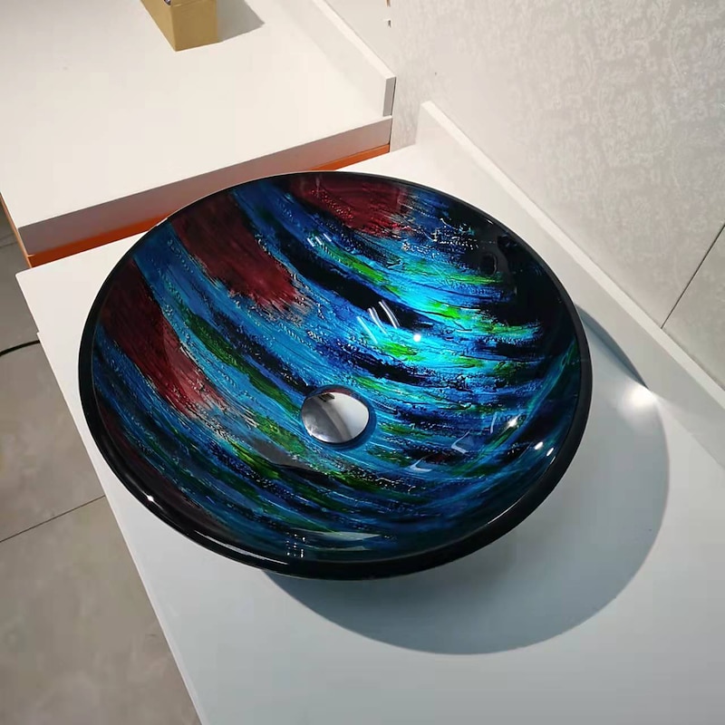 Red and Blue Color Tree Grain Round Basin Tempered Glass Wash Basin Without Faucet Suitable Waterfall Faucet Basin Holder