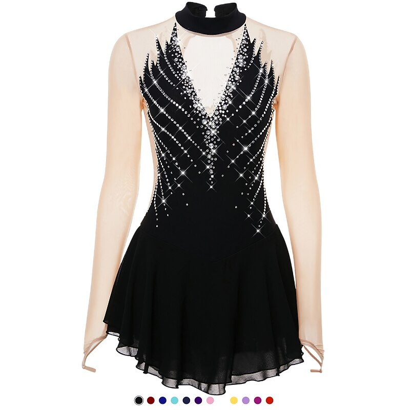 Figure Skating Dress Women's Girls' Ice Skating Dress Outfits Black Yellow Dark Purple Open Back Mesh Spandex High Elasticity Professional Competition Skating Wear Crystal / Rhinestone Long Sleeve
