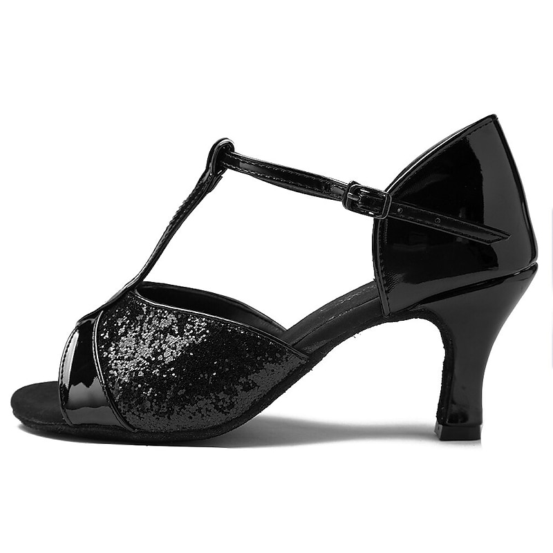 Women's Black Glitter T-Strap Dance Shoes with Soft Suede Sole – Comfortable Mid-Heel Open-Toe Ballroom Shoes for Latin Salsa2