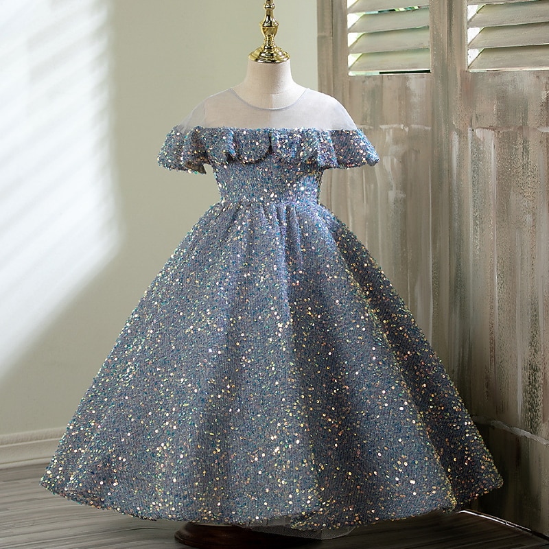 Flower Girl Dress Girls' Dress Evening Gown Party Dress Wedding Party Cute Princess Ruched Mesh Short Sleeve Crew Neck Silver Black 3-12 Years