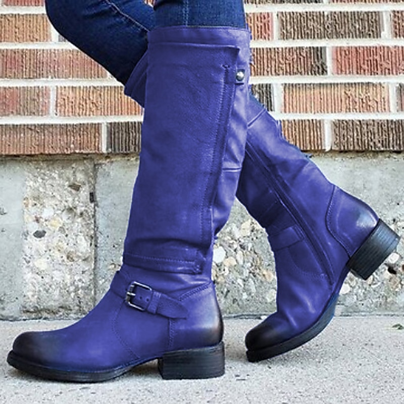Women's Purple Knee-High Riding Boots with Buckle Strap, Vintage Faux Leather Style for Casual Fall Outfits, Outdoor Walking and Horseback Riding
