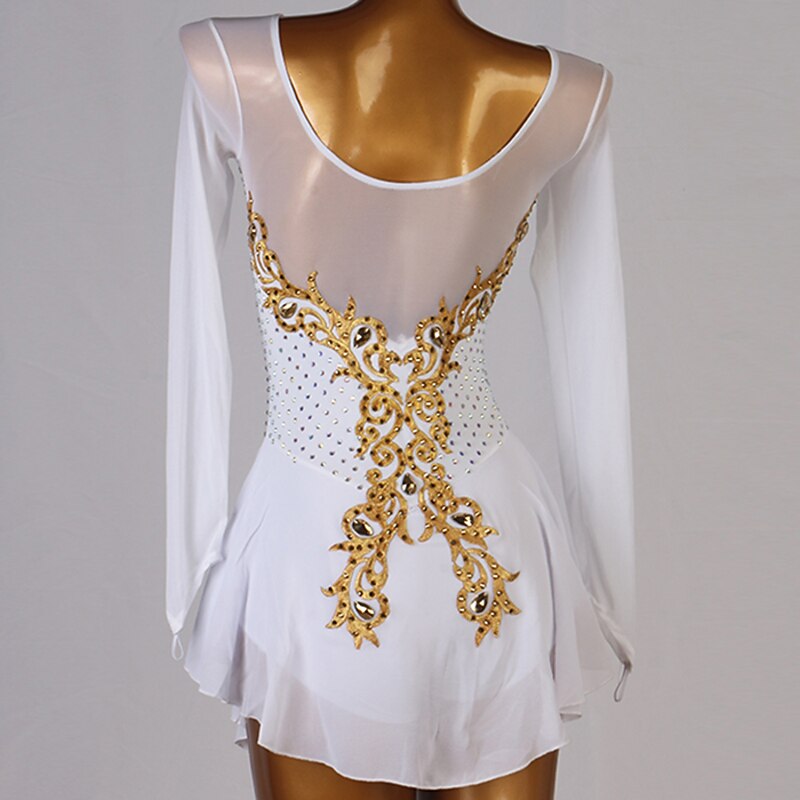 Figure Skating Dress Women's Girls' Ice Skating Dress Outfits White Black Patchwork Mesh Spandex High Elasticity Training Practice Professional Skating Wear Handmade Classic Crystal / Rhinestone Long2