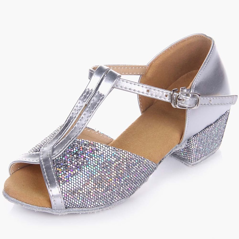 Girls' Gold Glitter Ballroom Dance Shoes – Suede Sole T-Strap Latin Dance Heels for Performance and Competitions