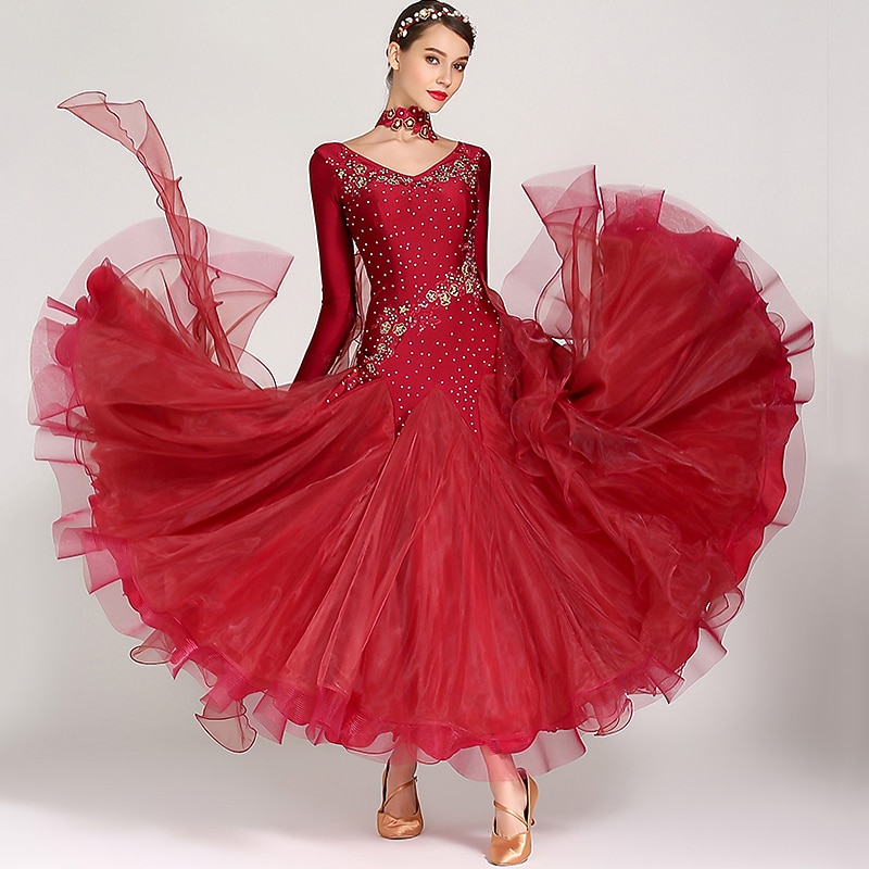 Ballroom Dance Dress Rhinestone Embroidery Women's Performance Training Long Sleeve Spandex Organza3