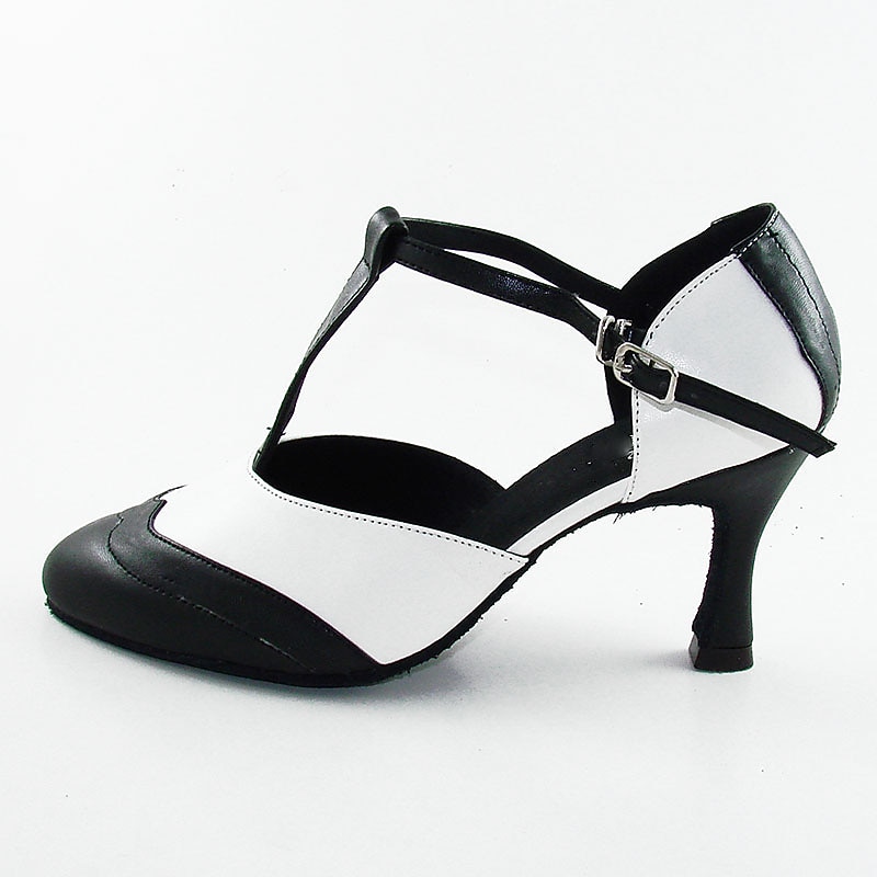Women's Black and White T-Strap Latin Dance Shoes – Two-Tone Ballroom Heels for Salsa & Performance2