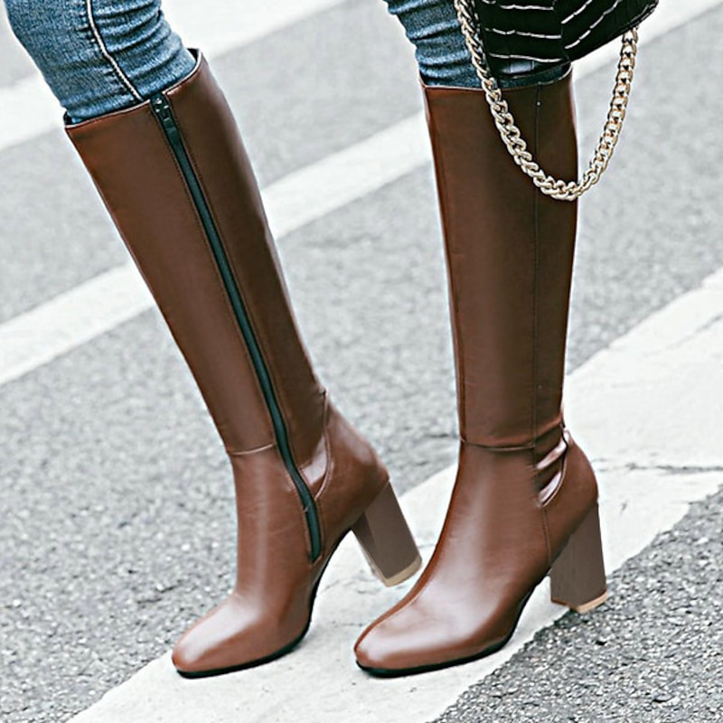 Women's Brown Knee-High Boots with Side Zipper and Block Heels - Elegant and Versatile Fall and Winter Footwear