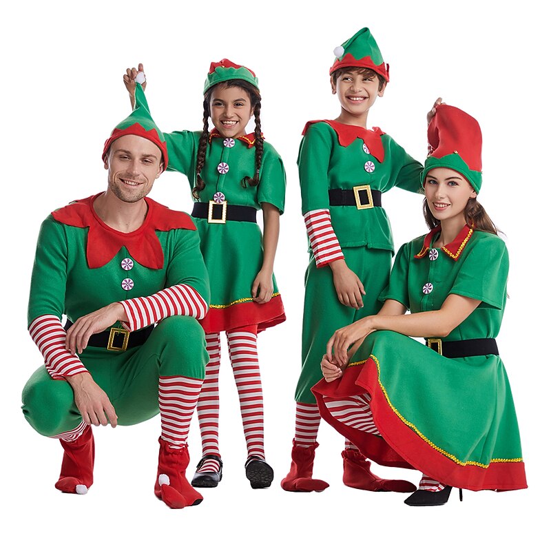 Santa Claus Elf Dress Outfits Vacation Dress Elf Costume Men's Boys' Christmas Costume Party Cosplay Costume Adults' Christmas Carnival Masquerade Christmas Vacation Party Top Pants Belt Socks Hat3