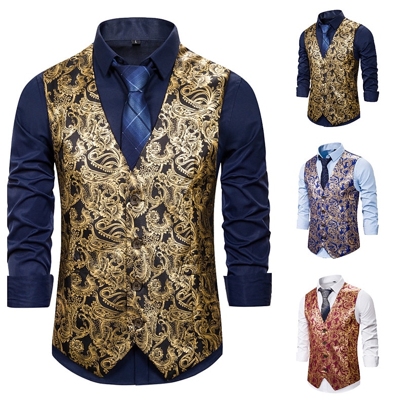 Men's Vest Gilet Wedding Smart Casual Polyester Geometric V Neck Skinny Red Purple Gold Vest