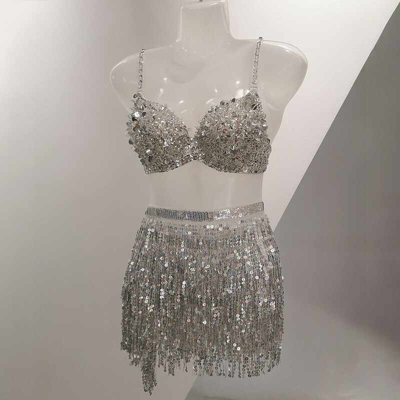 Exotic Belly  Exotic Dancewear Skirts Tassel Solid Splicing Women's Sxey Training Performance Sleeveless High Sequined3