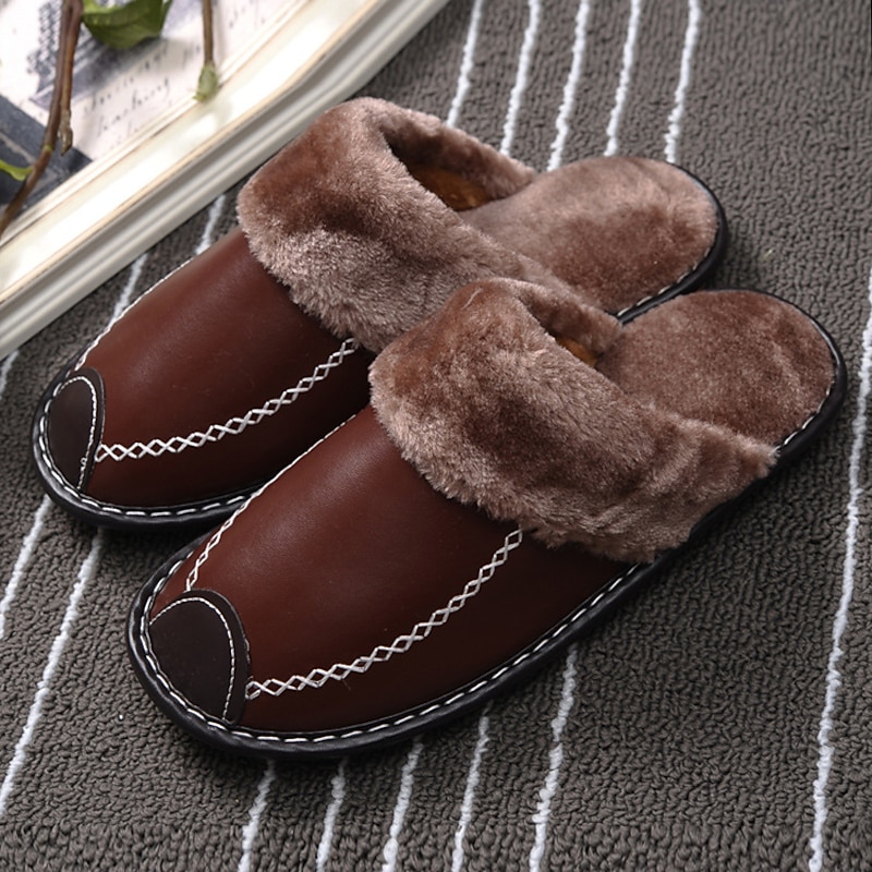 Men's Faux Leather Winter Slippers with Plush Lining and Non-Slip Sole - Warm and Comfortable Indoor Footwear2
