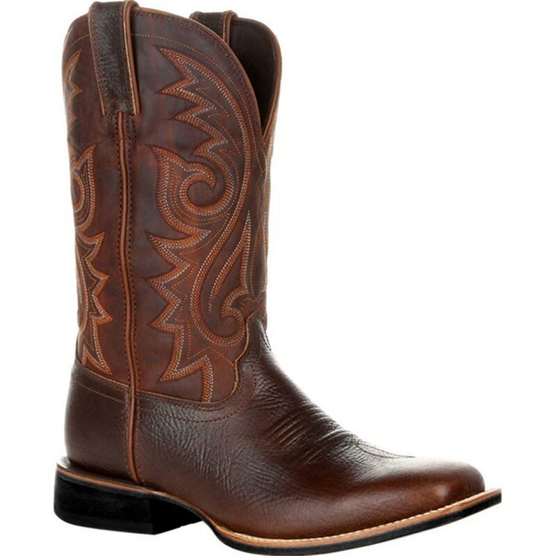 Men's Brown Embroidered Faux Leather Western Cowboy Boots - Classic Durable Square Toe Rodeo Style for Ranch and Outdoor Wear3