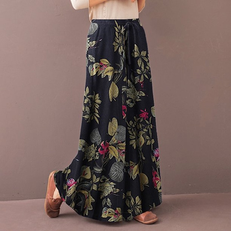 Women's Normal Culottes Wide Leg Wide Leg Pants Trousers Fashion Full Length Mid Waist Flower / Floral Side Pockets Baggy High Cut Comfort Inelastic Casual Weekend Yellow Red Deep Blue Summer Spring3