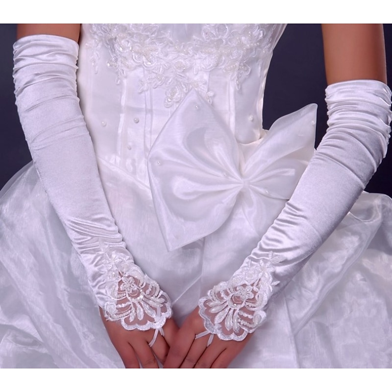 Lace / Satin Elbow Length Glove Cute With Faux Pearl / Floral Wedding / Party Glove2