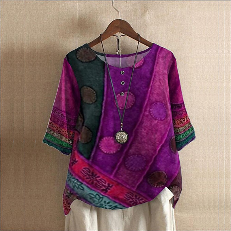 Women's Plus Size Linen Shirt Boho T-shirt T Shirt Streetwear Casual Color Block Striped Print Half Sleeve Regular Tops Crew Neck Daily Sports Weekend Red Blue Purple Summer Spring3