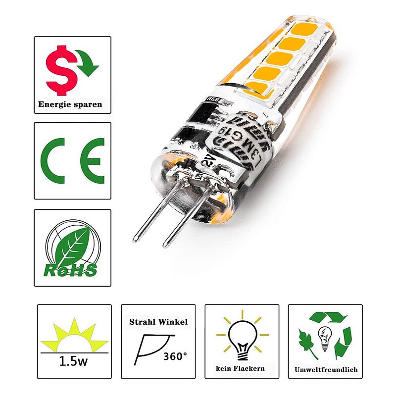 10PCS G4 LED Bulb Non-Dimmable AC220V G4 Bi-Pin Light Bulb 1.5W (20W Halogen Bulb Replacement) Warm White and White Two Color Temperature3