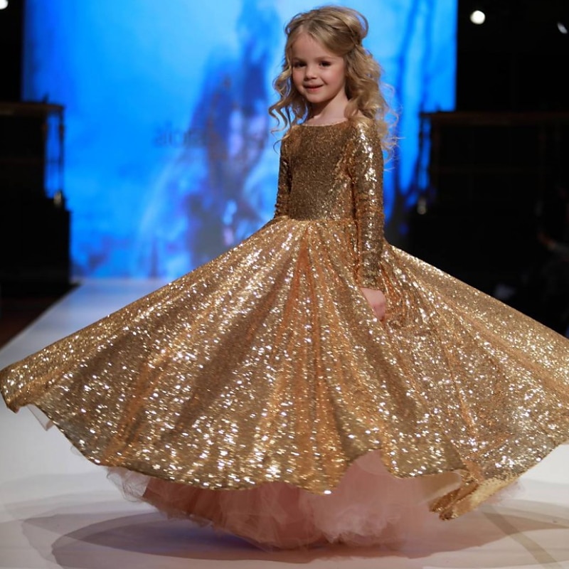 Kids Girls' Party Dress Sequins Gold A Line Dress Party Performance Ruched Mesh Gold Maxi 3/4 Length Sleeve Princess Cute Dresses Fall Winter Regular Fit 3-12 Years2