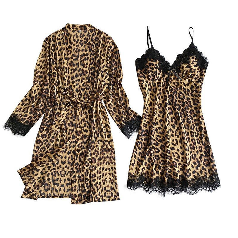 Women's Pajamas Robes Gown Nightgown Nighty 2 Pieces Leopard Simple Retro Hot Party Home Daily Breathable Gift V Wire Sleeveless Shorts Print Spring Fall Home Outfits2