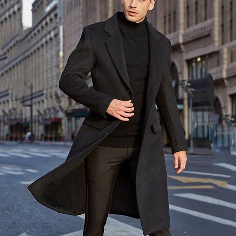 Men's Winter Coat Overcoat Work Business Fall & Winter Solid Colored Notch lapel collar Long Black Khaki Gray Jacket